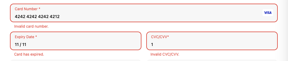Card input showing validation errors on each field