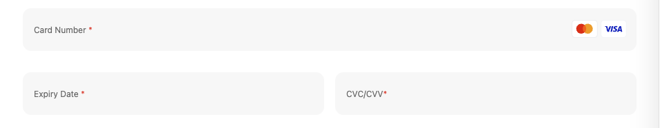 Card input component with three iframes — card number, expiry, and CVC fields