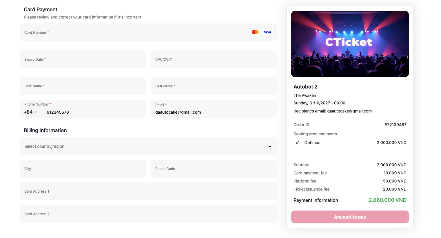 Complete checkout form with card input and pay button