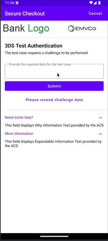 3DS challenge screen rendered by the SDK on Android